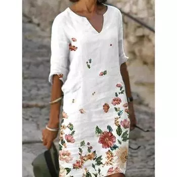 2024 летнее новое женское хлопково-льняное платье с цветочным принтом, v-образным вырезом, старое винтажное свободное винтажное платье в стиле ретро, свободное повседневное S белый