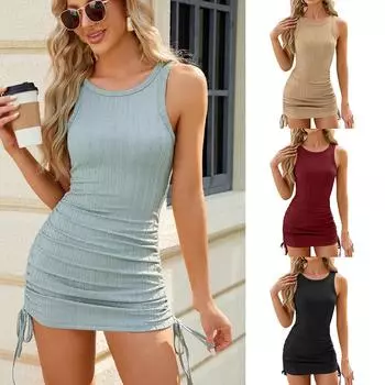 2024 летнее платье без рукавов с круглым вырезом и завязками по бокам, женское элегантное роскошное винтажное платье L