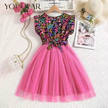 2024 летнее платье принцессы для девочек, детское кружевное сетчатое платье, детская одежда, новый стиль 8Y
