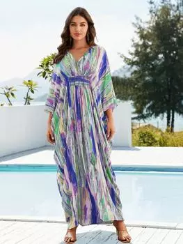 2024 летнее сексуальное красочное галстук-краситель с v-образным вырезом и рукавами «летучая мышь», платье-кафтан большого размера, купальник, накидка для женщин, уютное домашнее платье для отпуска, туника Q1616 One Size разноцветный