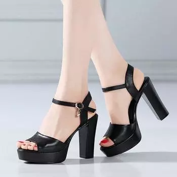 2024 летние босоножки на толстом каблуке, удобные, темпераментные, с открытым носком, водонепроницаемые, сандалии на высоком каблуке с пряжкой из одного слова, женские 35 чёрный