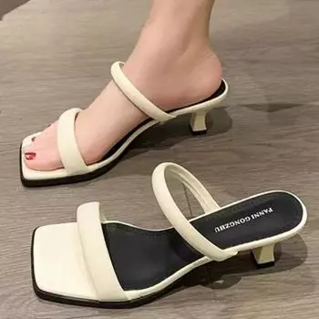 2024 летние босоножки с квадратным носком, новые универсальные утягивающие тапочки с открытым носком, высокие каблуки, женские туфли-лодочки 35