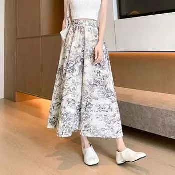2024 летние дышащие маленькие брюки из ледяного шелка, свободные, покрывающие мясо, индивидуальные, иностранный стиль, тушь, рисунок, национальный стиль, юбка для женщин S