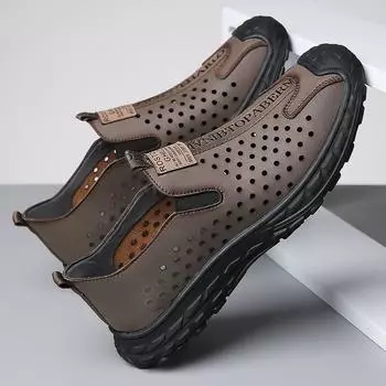 2024 летние дышащие полые повседневные кожаные туфли мужские сандалии из кожи с одной педалью, нескользящие туфли с мягкой подошвой и отверстиями для мужчин 38