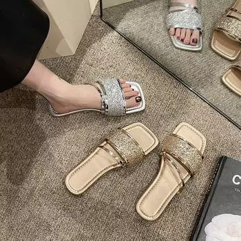 2024 летние французские тапочки с блестками на плоской подошве в стиле феи с юбкой, односложный пояс, сандалии большого размера на плоской подошве для женщин на улице 35 серебряный