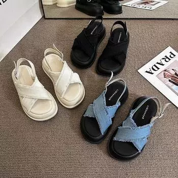 2024 летние ковбойские новые мягкие подошвы сандалии на платформе тапочки кожаные модные праздничные пляжные кожаные женские туфли сандалии тапочки 35 белый