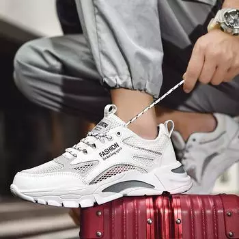 2024 летние кроссовки с полой сеткой, молодежная повседневная модная обувь, дышащая обувь, легкая белая спортивная мужская обувь 33 белый