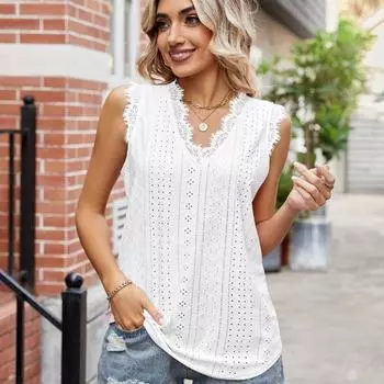 2024 летние кружевные рубашки без рукавов с v-образным вырезом, женские открытые винтажные блузки больших размеров, женские однотонные облегающие элегантные топы на бретелях для женщин 24309 S белый