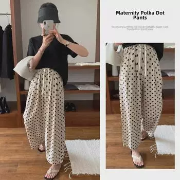 2024 Летние льняные хлопковые брюки в горошек для беременных с широкими штанинами и завязками 2XL [140-165 cm] чёрный