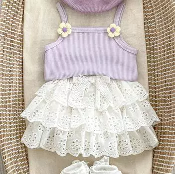 2024 летние милые комплекты одежды для девочек, милый хлопковый топ без рукавов + белая кружевная юбка, одежда для маленьких девочек 66