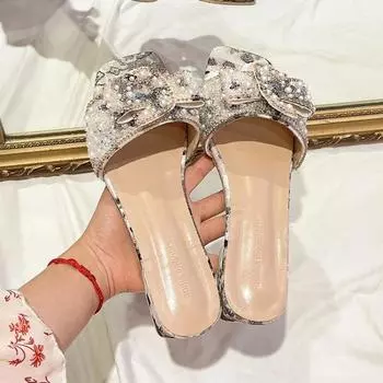 2024 летние модные новые пикантные повседневные удобные однотонные сандалии с кристаллами, тапочки на плоской подошве с квадратным носком, Zapatos Mujer 35 серебряный