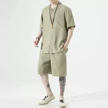 2024 летние мужские льняные комплекты, повседневная футболка и шорты, мужской спортивный костюм, однотонный спортивный костюм, свободные костюмы, размер 5XL 3XL темно серый