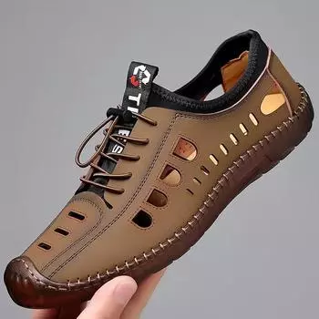 2024 Летние мужские сандалии Hollow Casual Sneakers Мужские уличные нескользящие пляжные сандалии Slip-On Casual Shoes для мужчин Мягкие туфли на плоской подошве 38 чёрный