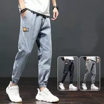 2024 летние мужские тонкие джинсовые брюки в стиле ретро, однотонные свободные повседневные брюки до щиколотки для походов и бега, брюки для бега, большие размеры, S-5XL XL чёрный
