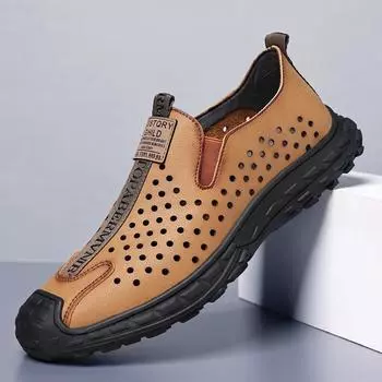 2024 летние нескользящие сандалии из кожи с мягкой подошвой, мужские ажурные дышащие повседневные кожаные туфли, модная обувь для отдыха на открытом воздухе с одной педалью 38 светло-коричневого