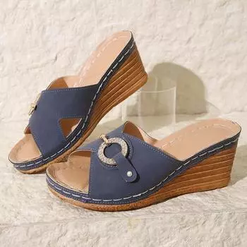 2024 летние новые большие размеры крутые тапочки на каблуке с уклоном женские повседневные однотонные толстые тапочки модные 36 чёрный