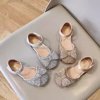 2024 Летние новые детские сандалии для девочек для вечеринок, свадеб, шоу, ПУ носок, бант, простые крючки и петли, милые детские туфли принцессы 26 золотой
