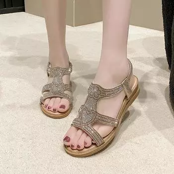 2024 летние новые дизайнерские сандалии на платформе, женская мода, повседневная римская обувь, женские однотонные сандалии с кристаллами 35 чёрный