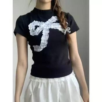 2024 летние новые футболки с бантом и кружевом в стиле пэчворк, с коротким рукавом, женские тонкие укороченные топы Y2k, консервативный стиль, милый дизайн, женская одежда S чёрный