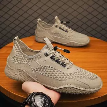 2024 летние новые кожаные дышащие повседневные сетчатые туфли мужские универсальные туфли для вождения на мягкой подошве тонкие сетчатые туфли большого размера 38 чёрный