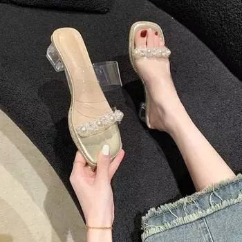 2024 летние новые квадратные тапочки с жемчужным цветком и кристаллами на толстом каблуке с прозрачными тапочками для женщин 35 бежевый