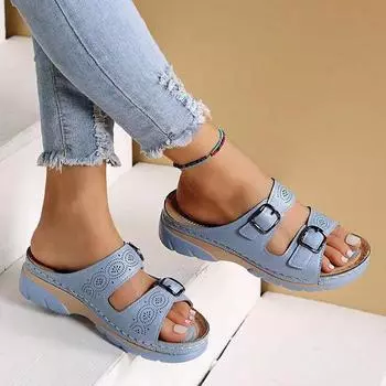 2024 летние новые модные пляжные сандалии с пряжкой на наклонном каблуке и металлической пряжкой, женская обувь 35 синий