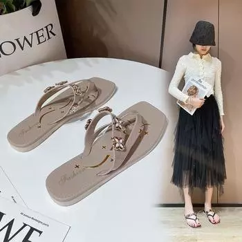 2024 летние новые модные шлепанцы со стразами женская обувь на толстой подошве с плоским дном пляжные тапочки для отдыха на холоде 36 зелёный