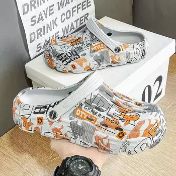 2024 летние новые мужские камуфляжные туфли с отверстиями, повседневные, удобные, мягкие, противоскользящие, модные, износостойкие и простые пляжные тапочки 40 чёрный