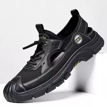 2024 летние новые мужские кожаные туфли ручной работы онлайн кожаные туфли мужские сетчатые полые дышащие спортивные сандалии 1038 38 чёрный