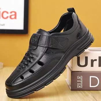 2024 летние новые мужские полые дышащие туфли с отверстиями мужские дышащие сандалии на липучках для пап среднего возраста 3331 38 чёрный