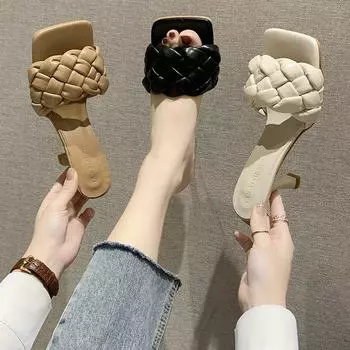 2024 летние новые плетеные тапочки женские твист моп однословные босоножки на высоком каблуке тапочки на квадратном каблуке женские 35 синий