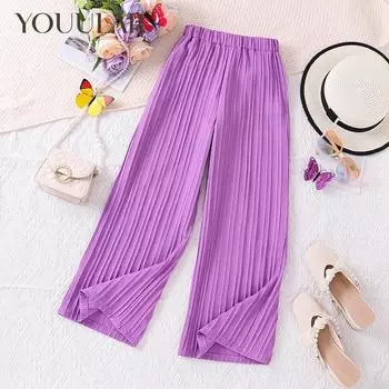 2024 летние новые плиссированные брюки от комаров для девочек, детские свободные повседневные брюки с высокой талией 8Y лавандовый