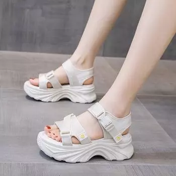 2024 летние новые пляжные сандалии на толстой подошве в спортивном стиле повседневные сандалии на каблуке-бублике с утолщением каблука женская обувь для студентов 35 чёрный