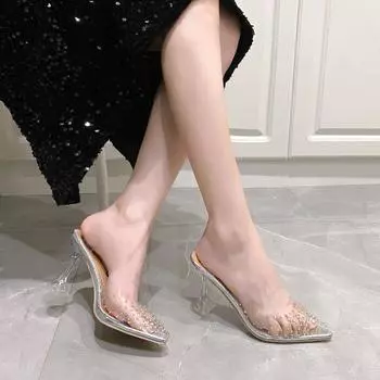 2024 летние новые прозрачные туфли на высоком каблуке женские тонкие каблуки заостренные носки неглубокие пустые одинарные туфли в стиле феи женские туфли прилив 36 серебряный