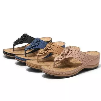 2024 летние новые сандалии большого размера с цветочным принтом, женские классные тапочки с узором «елочка» и наклонным каблуком 35 синий