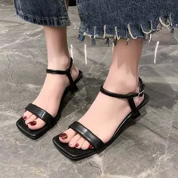 2024 Летние новые сандалии из искусственной кожи, женские туфли на низком каблуке, черные сандалии, женские, удобные, новые модные сандалии с квадратным носком, женские сандалии 35 абрикосовый