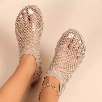 2024 летние новые сандалии с круглым носком, полые интернет-знаменитости, короткие сапоги с бриллиантами, летние сексуальные туфли большого размера на плоской подошве 36 хаки