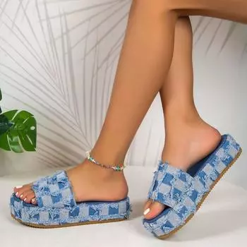 2024 летние новые тапочки большого размера женские повседневные джинсовые тапочки с бахромой на платформе с рисунком «тысяча птиц» 35 чёрный