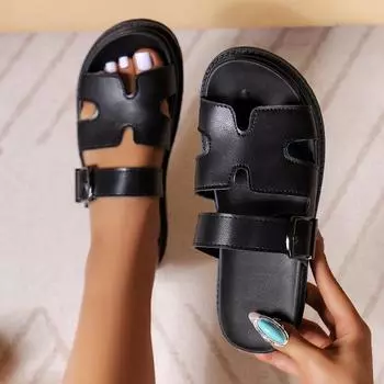 2024 летние новые тапочки большого размера женские универсальные с толстой подошвой и пряжкой в один цвет европейские и американские повседневные классные тапочки женские 35 чёрный