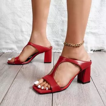 2024 летние новые тапочки на толстом каблуке женская верхняя одежда квадратный носок открытый носок одно слово перетащить большой размер высокие каблуки мода 34 красный