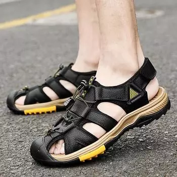 2024 летние новые уличные сандалии из полой кожи, дышащая сумка для головы, пляжная обувь для спорта и отдыха на открытом воздухе, большой размер 38 чёрный