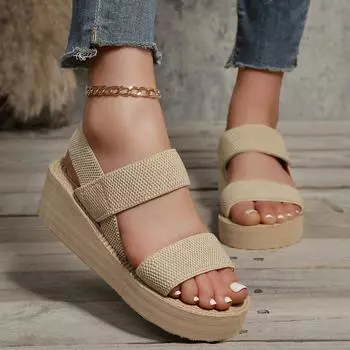 2024 летние новые женские босоножки с открытым носком на платформе и толстой подошве, эластичные женские туфли на танкетке 36 чёрный