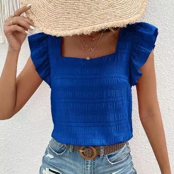 2024 летние новые женские футболки с рюшами и короткими рукавами, летние топы с квадратным воротником M чёрный