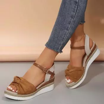 2024 летние новые женские сандалии большого размера с бантом, одним словом, пряжкой на танкетке и толстой подошвой, повседневные женские сандалии большого размера 36 синий