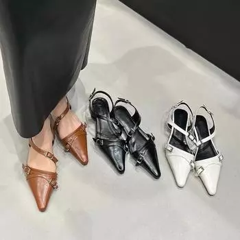 2024 летние новые женские сандалии, модные женские элегантные офисные туфли на плоской подошве с металлической пряжкой, уличные туфли без пятки Size 35(foot 22.5cm) коричневый