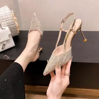 2024 летние новые женские сандалии с бриллиантами, обувь на высоком каблуке с яркой сеткой, элегантная вечерняя женская обувь без шнуровки с острым носком на пятке 38