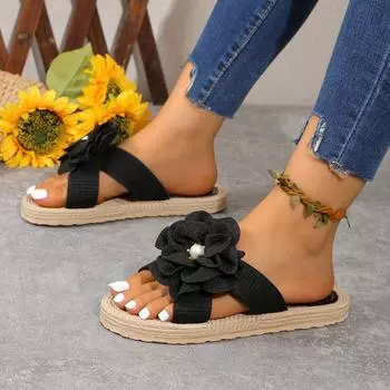 2024 летние новые женские тапочки с бантом, пляжная повседневная обувь на плоской подошве для женщин, шлепанцы с открытым носком 36 чёрный