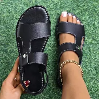 2024 летние новые женские туфли большого размера сандалии модные плоские женские сандалии one word 36 чёрный