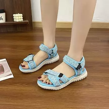 2024 летние однотонные сандалии на круглой подошве с одним словом на липучке большого размера в европейском и американском стиле для женщин 36 чёрный