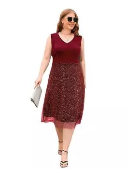 2025 Летние платья без рукавов для женщин Элегантное вечернее платье из блестящего тюля с V-образным вырезом Черное платье миди большого размера для женщин Вечернее платье XL синий